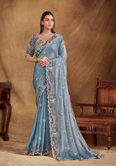 India Silk Blue Sarees Featuring A Blend Of Multiple Fabrics Offer A Perfect Balance Of Elegance